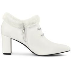 These ankle boots with a pointed toe, block heel, and faux fur decoration, which make a classic pair to own and keep in your wardrobe for a long period to come. Faux Fur; Ankle Booties; Chunky Heels; Side Zipper; Pointed Toe; Buckle; Vamp: Faux Leather, Faux Fur; Outsole: Rubber; Heel: ABS Heel Height: 2 3/4. Fur Decoration, Fur Ankle Boots, Fur Decor, Womens Chunky Heels, Faux Leather Heels, Women Lace, Chunky Heel, Chunky Heels, Ankle Booties