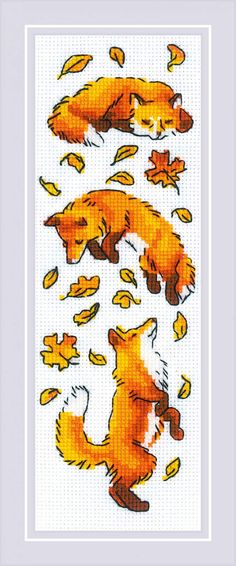 a cross stitch pattern with an orange fox and leaves