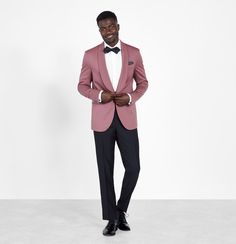 Inspired by the final moments of light in the mountains of Southern California, this dinner jacket's charismatic rose hue harnesses the good vibes from sunset to sunrise. Delivered with black tuxedo pants for a timeless look. Black Tux Black Shirt, Peach Tuxedo, Rose Gold Shirt, Pink Tuxedo, Shawl Jacket, Peach Tie, Wedding Tux, Tuxedo Vest, Classic Tuxedo