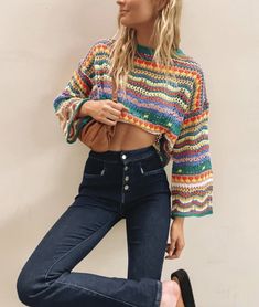 Tap the pin to shop! Casual Cropped Knitted Sweater, Multicolor Cropped Sweater For Fall, Casual Multicolor Cropped Sweater, Weekend Sweater, Beginning Boutique, Time To Go, Girl Gang, Flared Jeans, Casual Fit