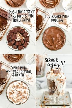 the steps to making chocolate puddings with whipped cream and toppings on top are shown