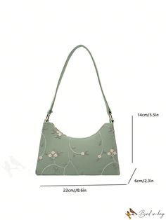 BirdinBag - Embroidered Floral Baguette Handbag Green Rectangular Shoulder Bag With Floral Embroidery, Spring Rectangular Baguette Bag With Removable Pouch, Green Shoulder Bag With Floral Embroidery, Spring Rectangular Shoulder Bag With Floral Embroidery, Spring Embroidered Rectangular Shoulder Bag, Embroidered Rectangular Shoulder Bag For Spring, Embroidered Double Handle Spring Bags, Everyday Use Green Shoulder Bag With Floral Embroidery, Trendy Embroidered Handheld Bag