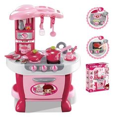 the toy kitchen is pink and has cooking utensils