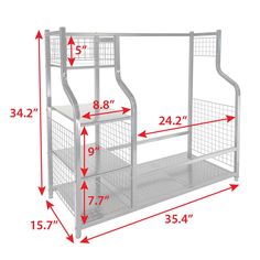 a metal shelf with three shelves and measurements