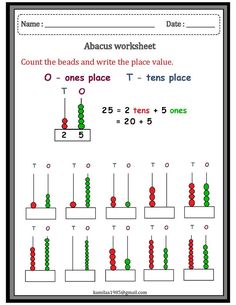 an abacus worksheet showing the number and place value for each bead