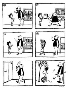 the comic strip shows how people are doing different things to each other, including bookshelves