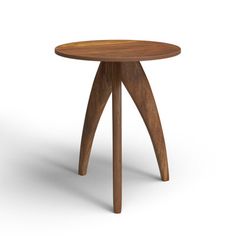 a small wooden table with two legs and a round top on an isolated white background