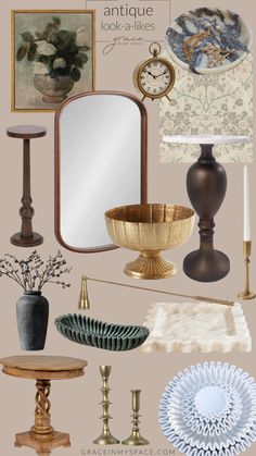 an assortment of antique furniture and decor including mirrors, candles, lamps, vases