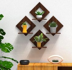 three wooden shelves with plants on them against a white wall