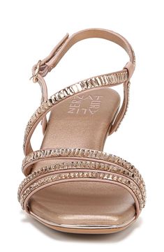 Jewel-encrusted vamp straps add contemporary elegance to an occasion-ready sandal set on a cushioned footbed and sculpted flare heel. 2 1/4" heel Adjustable slingback strap with buckle closure Cushioned footbed with Contour+ technology Textile upper/synthetic lining and sole Imported Spring Rose Gold Sandals For Formal Occasions, Formal Rose Gold Sandals For Spring, Spring Formal Rose Gold Sandals, Formal Spring Rose Gold Sandals, Rose Gold Sandals For Summer Evening, Rose Gold Evening Sandals For Summer, Elegant Rose Gold Sandals For Evening, Rose Gold Ankle Strap Sandals For Formal Occasions, Formal Rose Gold Sandals With Ankle Strap