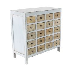 an old dresser with many drawers and wooden knobs on the doors is shown against a white background