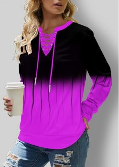 Color:Purple;Size:S;Size:M;Size:L;Types:Pullovers;Season:Autumn;Decoration:Lace Up;Occasion:Staycation;Color Scheme:Purple;Sleeve&apos;s Length:Long Sleeve;Pattern Type:Ombre;Neckline:Split Neck;Clothing&apos;s Length:Long;Package Contents:1 X Sweatshirt;Washing Instructions:Hand Wash /Machine Washable;Composition:100%Polyester;Style:Casual; Sweatshirt Street Style, Street Sweatshirt, Casual Lace, Long Sleeve Sweatshirt, Print Pullover, Oversize Hoodie, Trendy Tops, Hippie Style, Hoodie Top