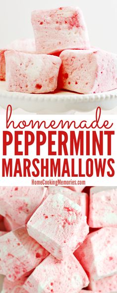 homemade peppermin marshmallows on a white plate with text overlay that reads homemade peppermint marshmallows