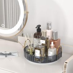 the vanity is organized with all kinds of beauty products