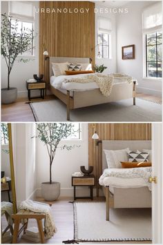 two pictures of a bedroom with white walls and wood paneling on the side wall