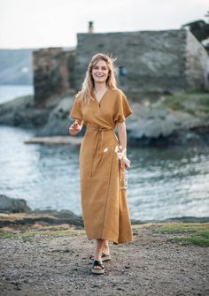 Maxi linen wrap dress Delilah 3 Kimono Linen Dress, Wrap Linen Dress, Linen Dress With Sleeves, Wrap Dress Linen, Wrap Up Dress, Linen Dress Outfit, Womens Robes Long, Simple Linen Dress, Wrap Dress Outfit