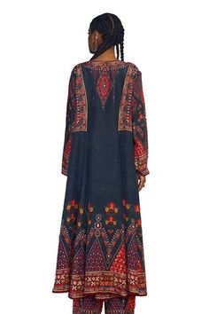 Charcoal kurta with tribal print and mirror, thread embroidered yoke. - Aza Fashions Traditional Ikat Print Festival Dresses, Bohemian Traditional Wear With Ikat Print For Festive Occasions, Bohemian Ikat Print Traditional Wear For Festive Occasions, Festive Bohemian Traditional Wear With Ikat Print, Bohemian Chanderi Kaftan For Festivals, Bohemian Traditional Wear With Ikat Print For Navratri, Bohemian Traditional Wear With Embroidered Border For Transitional Season, Bohemian Kurta For Eid Rituals, Bohemian Navratri Tunic Traditional Wear