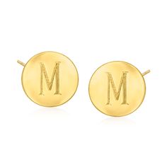 Ross-Simons - Plain - 14kt Yellow Gold Disc Earrings. Handcrafted in sunny 14kt yellow gold, these glossy disc earrings are an easy and affordable way to polish off any look. Post/clutch, 14kt yellow gold disc earrings. Classic Personalized Round Earrings, Gold Initials Earrings, Gold Round Initials Earrings, Gold Round Earrings With Initials, 14k Yellow Gold Earrings With Initials, Gold Disc Earrings, Fine Jewelery, Gold Disc, Script Type