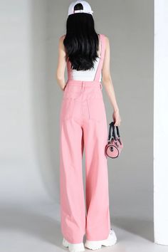 Loose Wide Leg Pink Denim Jumpsuits – Tomscloth Spring Cotton Overalls In Solid Color, High Waist Overalls For Spring, Full Length Overalls With Pockets For Spring, Casual Pink Cotton Overalls, Pink Wide Leg Jumpsuits And Rompers For Spring, Spring Baggy Solid Color Overalls, Pink Wide-leg Jumpsuits For Spring, Fitted Wide Leg Overalls With Pockets, Spring Solid Wide Leg Overalls