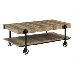 an industrial style coffee table with wheels