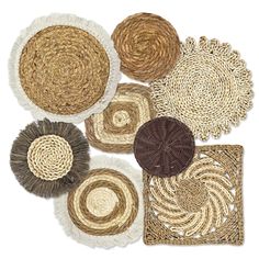 woven placemats and rugs are arranged in different patterns on a white background