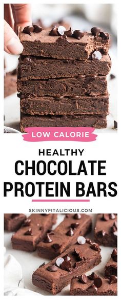 chocolate protein protein bars stacked on top of each other with text overlay that reads low calorie healthy chocolate protein bars