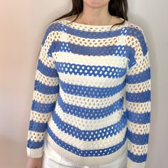 New Small But Runs Bigger White Nautical Tops For Vacation, Nautical Blue Top For Beach, White Nautical Tops For Spring, Beach Sweater, Puff Sleeve Sweater, Boxy Sweater, Chunky Cardigan, Round Neck Sweaters, Lightweight Cardigan