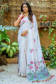 Our Off White Daily Wear Muga Cotton Saree combines fashion with functionality. Flaunt the graceful thread-woven pallu and scattered woven butta design across its 5.5 Mtr length. The saree also comes with an 0.8 Mtr Muga Cotton blouse. This saree makes the perfect pick for any occasion or season. To keep it looking new Muga Silk Saree, Butta Design, Floral Weaving, Muga Silk, Dress Saree, Saree Painting, South Silk Sarees, Purple Saree, Orange Saree