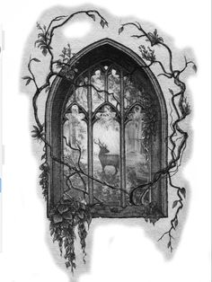 a drawing of a window with vines growing out of it and an image of a deer in the window