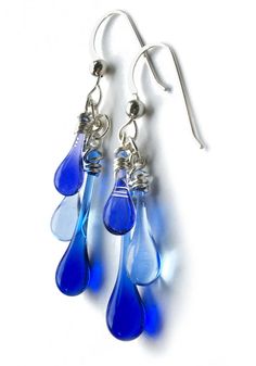 April Showers Trio Earrings - glass Jewelry by Sundrop Jewelry Nickel-free Teardrop Recycled Glass Jewelry, Blue Recycled Glass Dangle Earrings, Blue Briolette Teardrop Earrings For Gift, Blue Teardrop Recycled Glass Jewelry, Nickel Free Blue Teardrop Earrings, Hypoallergenic Blue Teardrop Pendant Earrings, Blue Long Drop Teardrop Earrings With Ear Wire, Blue Nickel-free Teardrop Earrings, Nickel-free Blue Teardrop Earrings