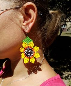 Sunflower earrings Summer flowers earrings Huichol Earrings | Etsy Beaded Flower Earrings For Summer, Yellow Sunflower Dangle Earrings, Yellow Sunflower Design Dangle Earrings, Summer Flower Beaded Earrings For Pierced Ears, Summer Yellow Beaded Earrings With Ear Wire, Yellow Beaded Earrings With Ear Wire For Summer, Yellow Beaded Drop Earrings For Beach, Yellow Flower Earrings With Round Beads, Yellow Sunflower Design Earrings For Summer