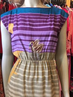 "Striped vintage swan dress, excellent condition. Measurements: 35\" bust 20\" waist (extends to 31\") 39\" hip 38\" length" Retro Dresses With Lined Bodice, Retro Silk Lined Dresses, Retro Silk Dress For Vintage Fashion, Summer Vintage Dress With Fitted Bodice And Lining, Vintage Sleeveless Midi Dress With Fitted Bodice, Retro Summer Midi Dress With Fitted Bodice, Retro Midi Dress With Fitted Bodice For Summer, Retro Vintage Summer Dress, Vintage Summer Dress With Lined Bodice