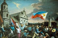 a painting of people holding flags in front of a church