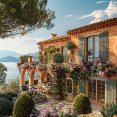 an image of a beautiful house with flowers on the balcony and windows overlooking the water