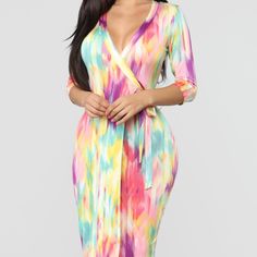 Tie Dye Midi Wrap Dress. Never Worn. Multicolor V-neck Midi Dress For Date Night, Spring Brunch Bodycon Midi Dress, Spring Midi Bodycon Dress For Brunch, Multicolor Knee-length Bodycon Dress For Spring, Spring Multicolor Knee-length Bodycon Dress, Multicolor Spring Dress For Date Night, Spring Multicolor Dress For Date Night, Feminine Multicolor Knee-length Midi Dress, Chic Multicolor Midi Dress For Brunch