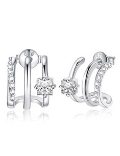 PRICES MAY VARY. 【Hand-selected AAAAA+ Cubic Zirconia】The cz stones of illusion earrings are hand-selected to make sure every stone is AAAAA+ grade. Every stone has much more sparkle like a diamond. 【Advanced Setting Craft】The stone has a 4-Prong-Setting craft to prevent it from falling off. Compared to the normal cubic zirconia hoop earrings, our triple huggie illusion stud earrings has a significantly reduced rate of stones falling. 【925 Sterling Silver Earring with 18K White Gold Plated】The w Illusion Earrings, Real Diamond Earrings, Half Hoop Earrings, Triple Hoop Earrings, White Gold Jewelry, Sterling Silver Cuff, Girls Earrings, Silver Earring, Jewelry Earrings Hoops