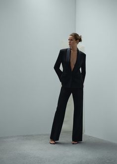 Palazzo suit pants with satin details -  Women | Mango USA Palazzo Design, Pant Suits For Women, Celebrity Style Icons, Palazzo Suit, Short Denim, Neutral Outfit, Total Look, Suit Pants, Italian Fabric