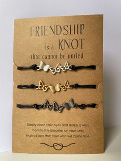 three different bracelets with the words, friendship is a knot that cannot be untied