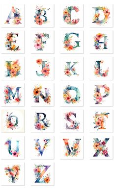 the letters are made up of watercolor flowers