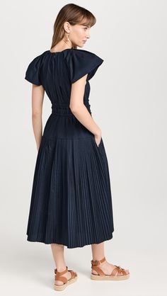 Formal Cap Sleeve Dresses With Pleated Back, Fitted Dresses With Pleated Flutter Sleeves, Chic Dress With Pleated Waist And Cap Sleeves, Chic Cap Sleeve Dress With Pleated Waist, Elegant Dresses With Pleated Waist And Cap Sleeves, Chic Midi Dress With Pleated Waist And Flutter Sleeves, Spring Midi Dress With Pleated Back And Short Sleeves, Ruched Cap Sleeve Dress For Spring, Spring Cap Sleeve Ruched Dress