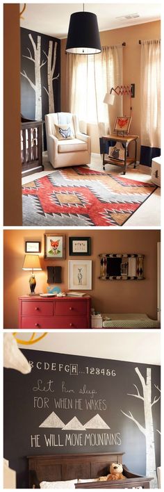 three different pictures of a living room with furniture and rugs on the floor, in front of a tree painted on the wall