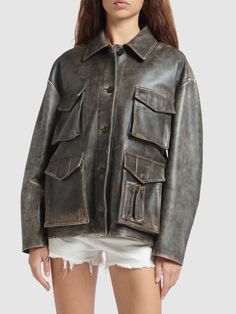 Front button closure. Distressed effect may vary. Two breast pockets. Two front pockets. One internal pocket. Lined. Model is wearing a size40 Brand Journey, Golden Goose Deluxe Brand, Golden Goose, Vintage Brown, Top Brands, Leather Jacket, Luxury Fashion, Leather, How To Wear