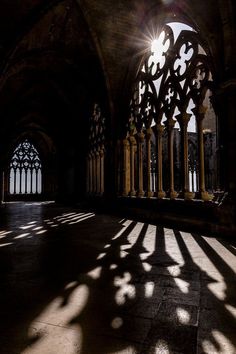 the sun shines through an arched window in a gothic style building with columns and arches