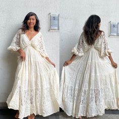 "Handmade bohemian lace trim wedding dress. Bat wing sleeves with ruffled. Elastic waist. Lined. Adjustable with strings at the back. 100% soft Cotton and soft lace. Color Off white beige with off white lace. Measurements: One size as the measurements!! Chest up to 50\" Waist  stretch up to 50 \" Length 54-55 inches. (AFTER IRON THE LENGTH WILL BE 55 INCHES) Sleeve 17\" Hip up to 55\" ( measure from the inside lining) CARE: Machine wash cold. NOTE: DHL fast shipping will reach you in 3-5 working Kaftan Wedding Dress, Wedding Dress Ruffle, Maxi Dress Maternity, Kaftan Wedding, Dress Boho Wedding, Wedding Dress Boho, Dress Kaftan, Ruffle Maxi Dress, Cotton Maxi Dress