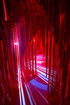 red and white lights shining down on the floor in a room with tall wooden poles