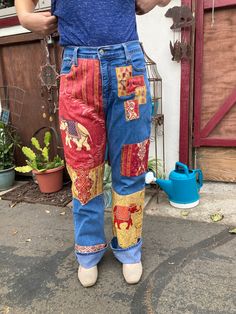 "Upcycled from a pair of Levi Strauss Jeans, 512, perfectly slimming, 98% cotton, 2% spandex,  Size 12M. All hand sewn securely with brocade fabrics and embroidery thread. All fabrics prewashed and preshrunk. Waistband 34-36\" (stretch to waist) Hips (measured 8\" below waistline) 42\" front rise 12.5\" Back rise 16\" inseam 33\" outer seam 44\" (I WILL SHORTEN THEM FOR FREE IF REQUESTED) leg opening 20\"  My home is smoke free. Clothing is measured while laying flat and unstretched. I highly re Non-stretch Denim Jeans With Embroidery, Non-stretch Denim Blue Bohemian Jeans, Non-stretch Bohemian Denim Blue Jeans, Non-stretch Bohemian Jeans In Denim Blue, Embroidered Non-stretch Denim Pants, Denim Bottoms For Fall Festivals, Bohemian Medium Wash Jeans For Spring, Bohemian Cotton Jeans For Summer, Bohemian Summer Cotton Jeans