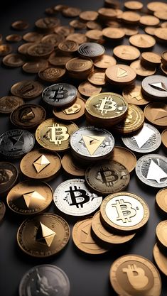 many bitcoins are scattered around each other on a black surface with gold and silver accents