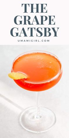 the grape gatsby cocktail in a coupe glass on a white background with text overlay