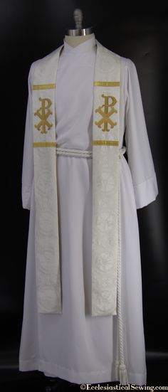 Pastor or Priest Stole -Chi Rho Gold Embroidery The Pastor or Priest stole with a symbolic Gold Chi Rho embroidery design surrounded with trim detail. Chi Rho Gold Galloon Edging Bands Colors include White or Ivory (as special request) Luther Rose Brocade, Fairford Brocade, 53" long stole as standard Tassels are optional Custom sizes available. Please contact us for additional design options or custom sizing prices. All items are custom made one at a time. Please allow 4 to 6 weeks order lead ti Luther Rose, Priest Stole, White Stole, Chi Rho, Gold Work, Gold Embroidery, Trim Detail, Embroidery Design, Custom Sizing