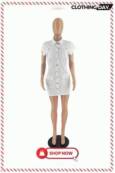 Women Summer Style Pocket Button Short Sleeve Dress Casual White Shirt Dress With Buttons, Mini Dress With Pockets For Day Out, Trendy Fitted Shirt Dress With Pockets, Short Sleeve Mini Dress With Buttons For Work, Trendy Shirt Dress With Pockets, Chic Short Sleeve Mini Dress With Button Closure, Fitted Short Sleeve Dress With Buttoned Pockets, Chic Mini Dress With Button Closure And Short Sleeves, Fitted Dress With Buttoned Pockets And Short Sleeves